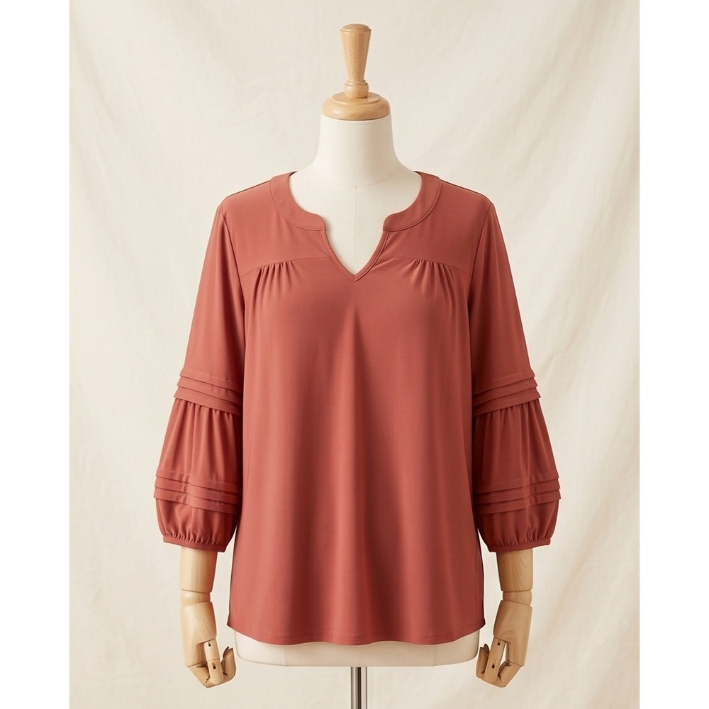 Corvia Blouse Women XL Mauve Excellent Pintuck Lantern Sleeve Split Neck - Picture 2 of 8